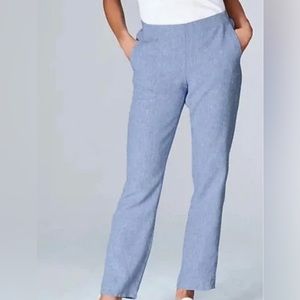 J Jill 100% Linen Blue Chambray Pants Sz M Elastic Waist Straight Leg